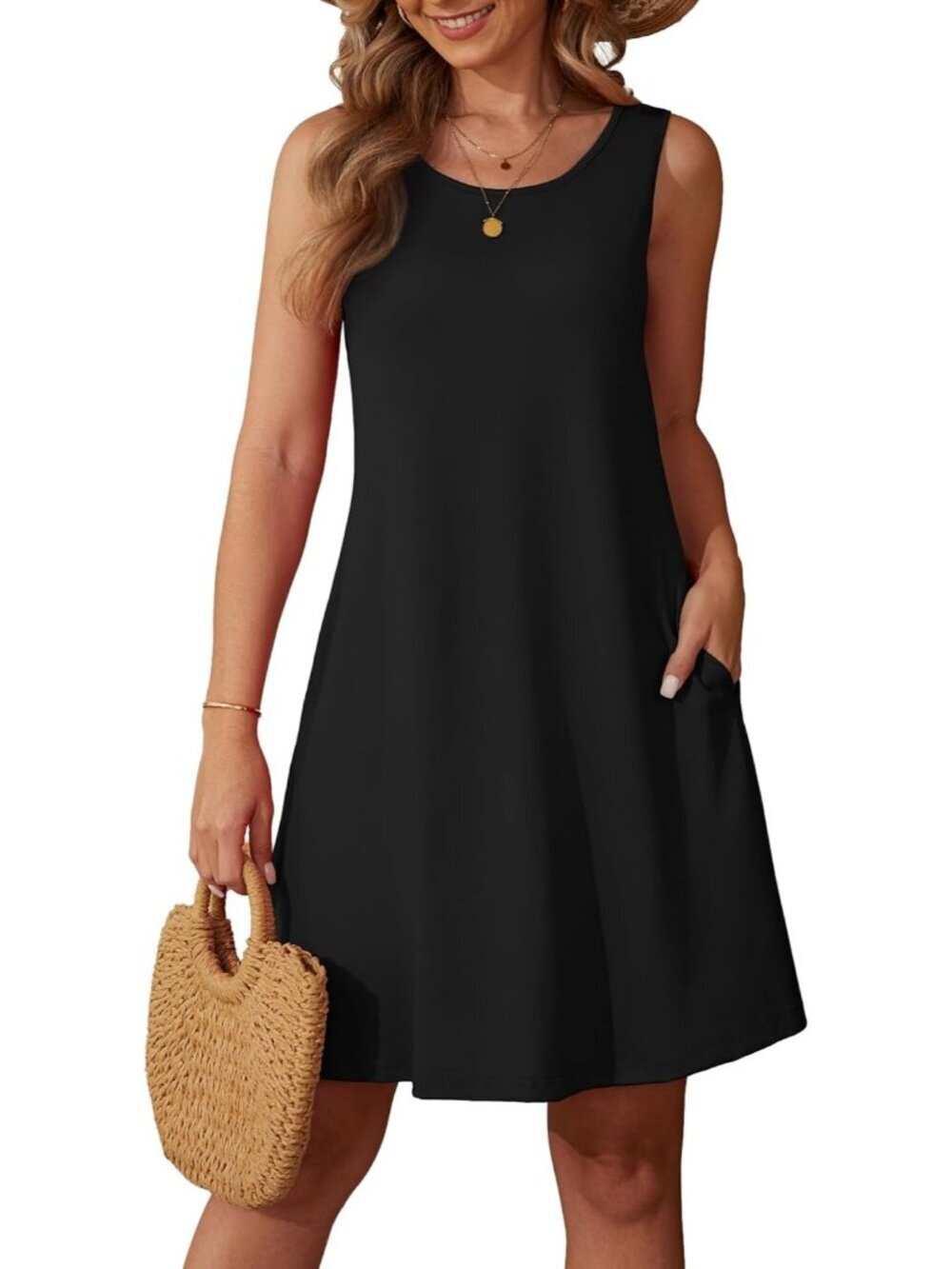 Women's Black Stylish Casual Sleeveless Tank Round Neck Knee Length Mini Dress